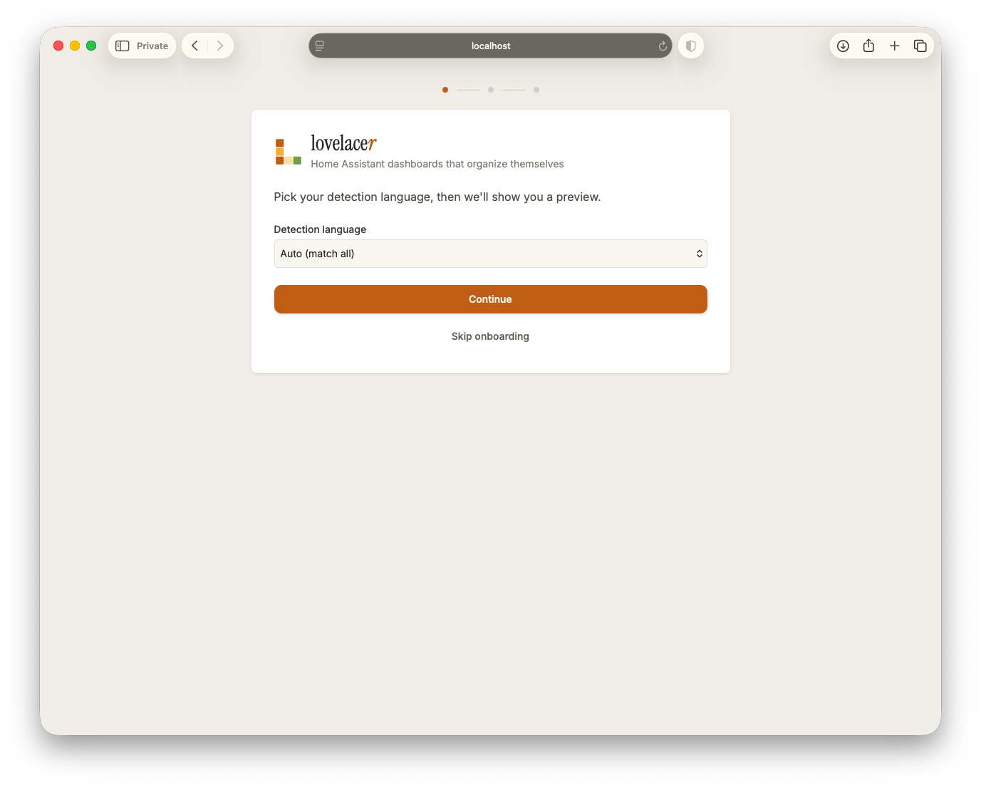 Lovelacer first-run onboarding screen asking the user to pick a detection language